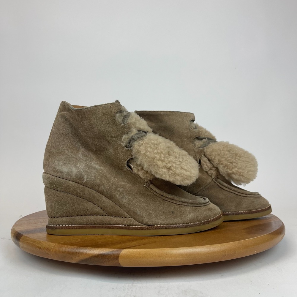 Womens Chloe Taupe Suede Wedge Heeled‎ Fur Trimmed Ankle Boots Booties Size 40